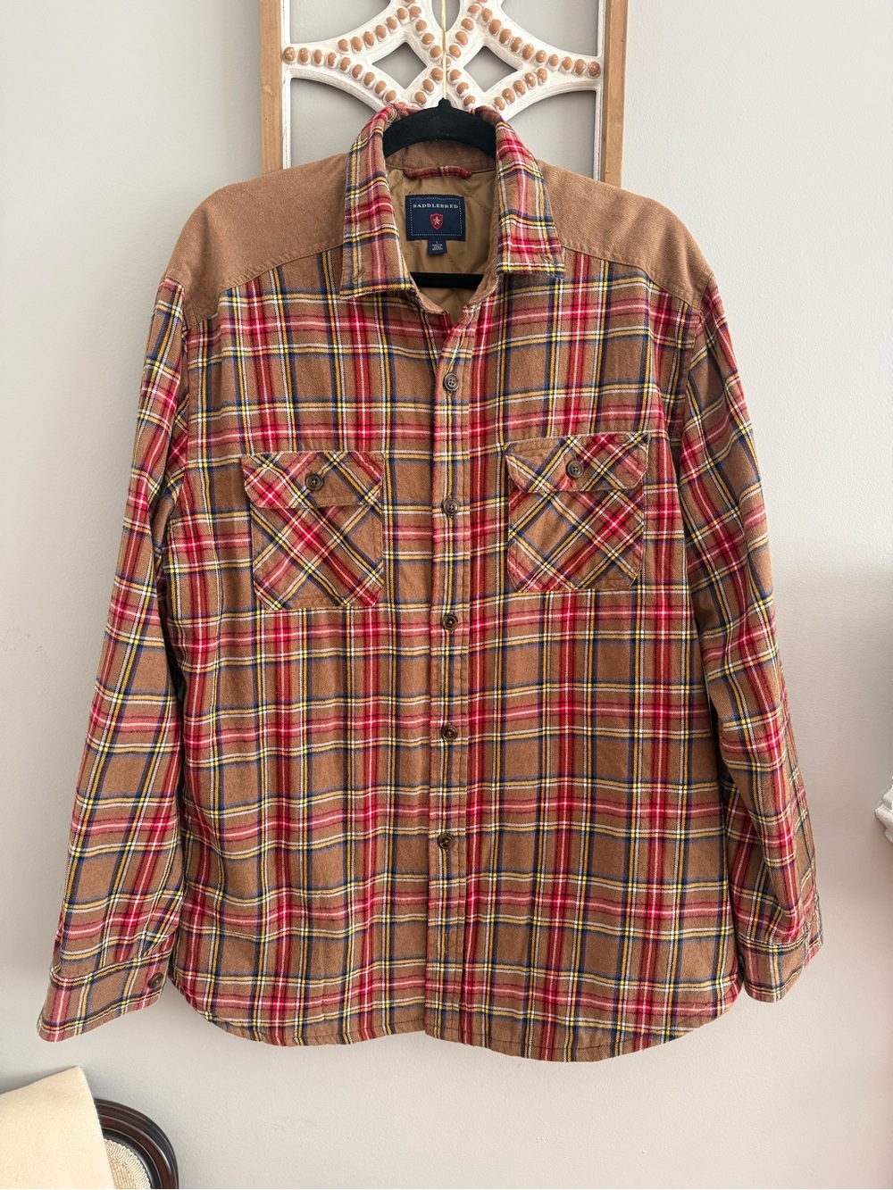 Saddlebred Tan and Red Plaid Casual Button-Down Shirt